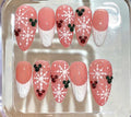 Snowflake Christmas Press On Nails | Pink Glitter Holiday Nail Set | Red Green Accent Nails