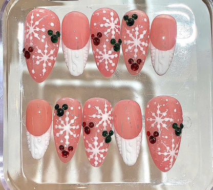 Snowflake Christmas Press On Nails | Pink Glitter Holiday Nail Set | Red Green Accent Nails