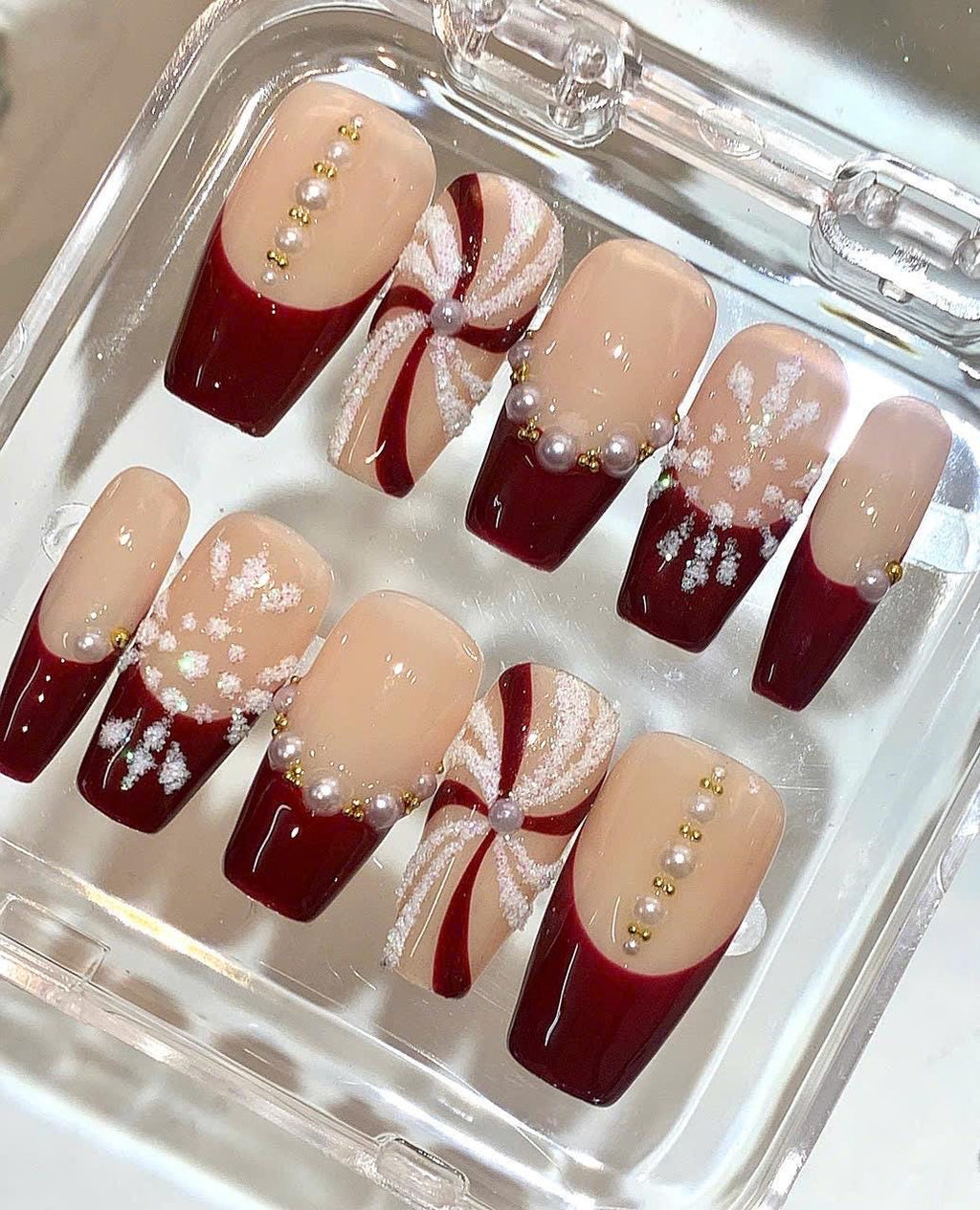 Red Christmas Press On Nails | Candy Swirl & Snowflake Nail Set | Holiday Fake Nails