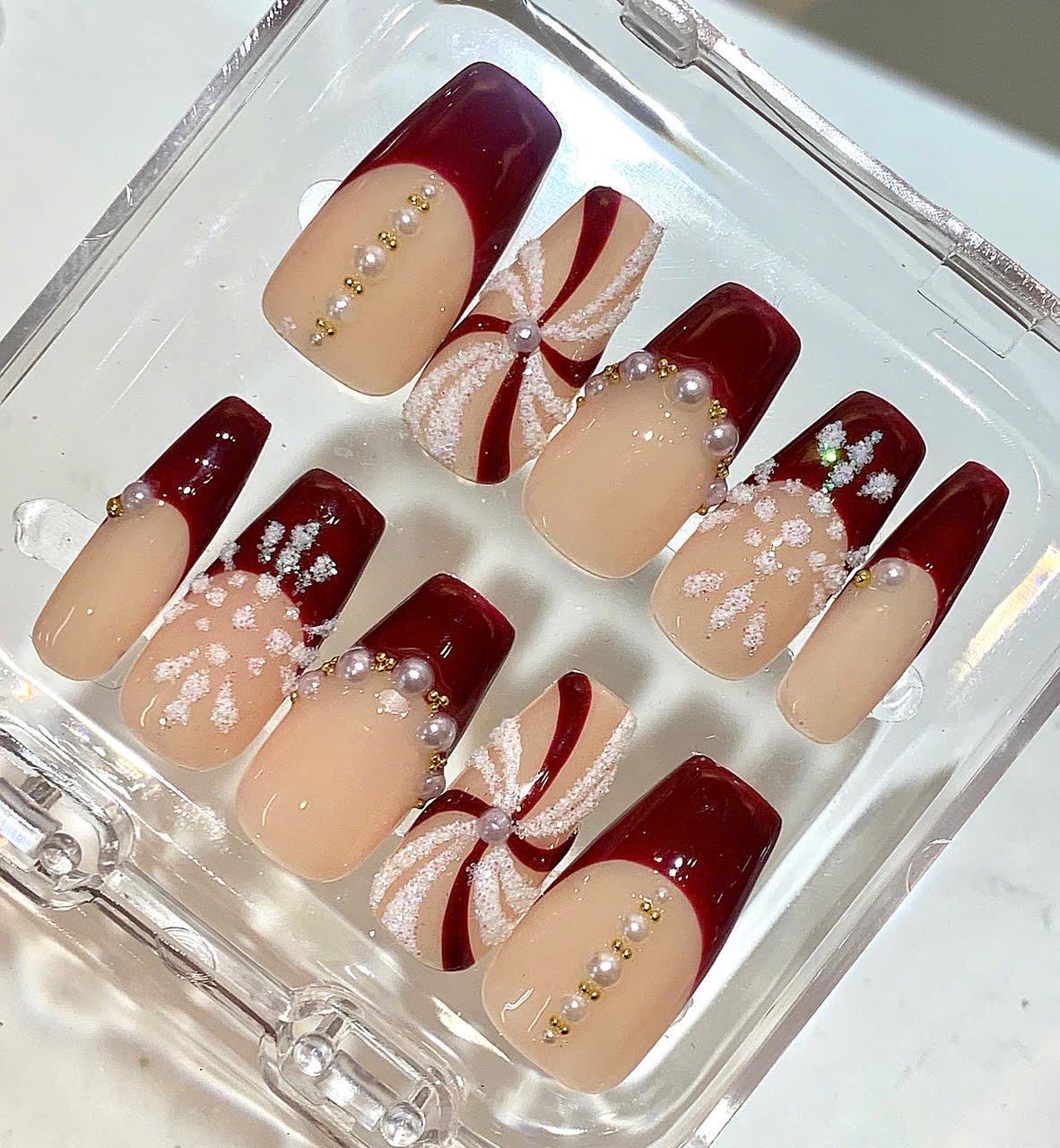 Red Christmas Press On Nails | Candy Swirl & Snowflake Nail Set | Holiday Fake Nails