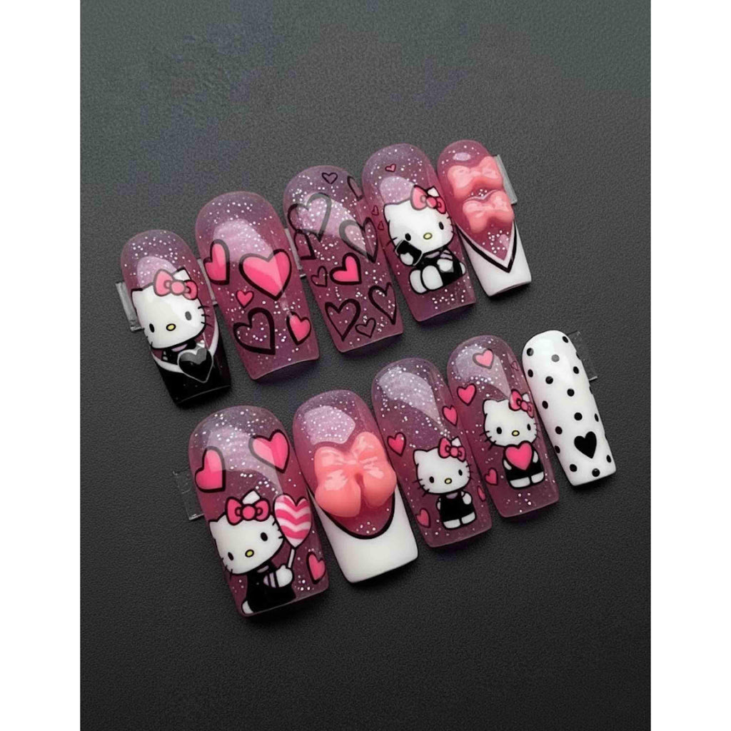 Handmade Pink Heart Press On Nails | Glitter Base, Hello Kitty, 3D Bows & Love Hearts | Long Square Nails For Romantic Cute Vibes