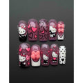 Handmade Pink Heart Press On Nails | Glitter Base, Hello Kitty, 3D Bows & Love Hearts | Long Square Nails For Romantic Cute Vibes