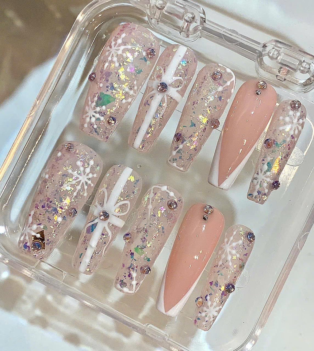 Pink Snowflake Press On Nails | Glitter Xmas Long Coffin False Nails