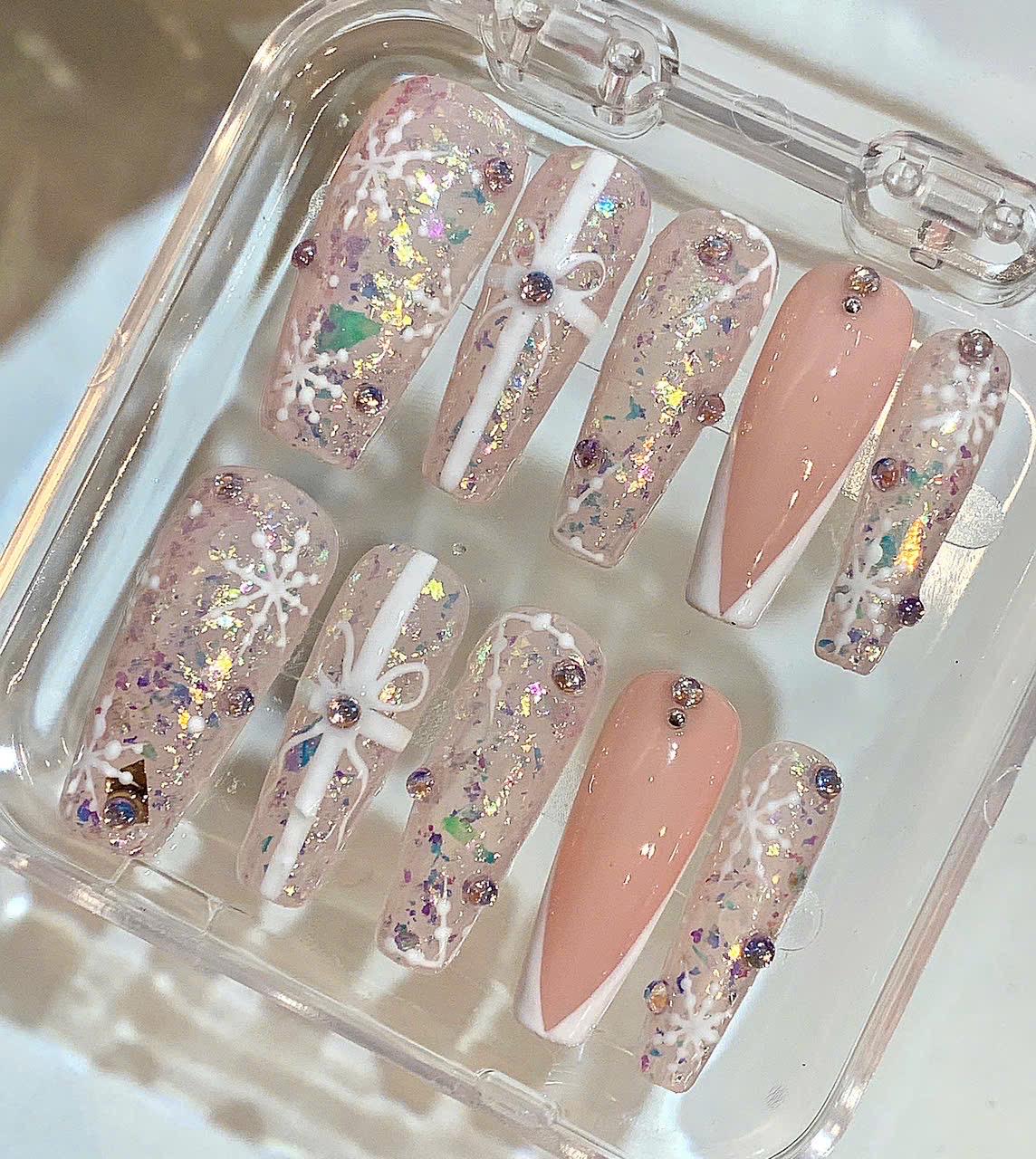 Pink Snowflake Press On Nails | Glitter Xmas Long Coffin False Nails