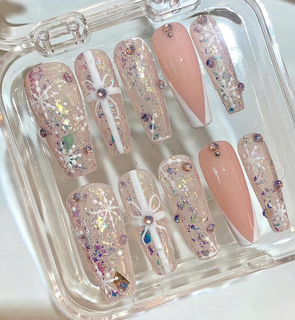 Pink Snowflake Press On Nails | Glitter Xmas Long Coffin False Nails