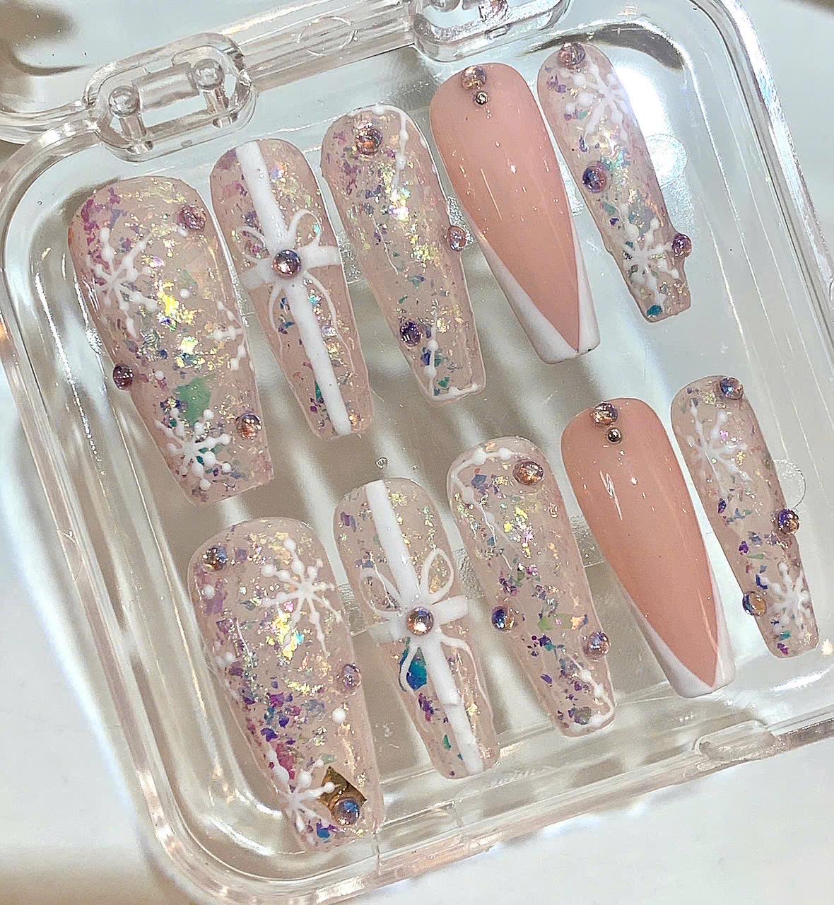 Pink Snowflake Press On Nails | Glitter Xmas Long Coffin False Nails