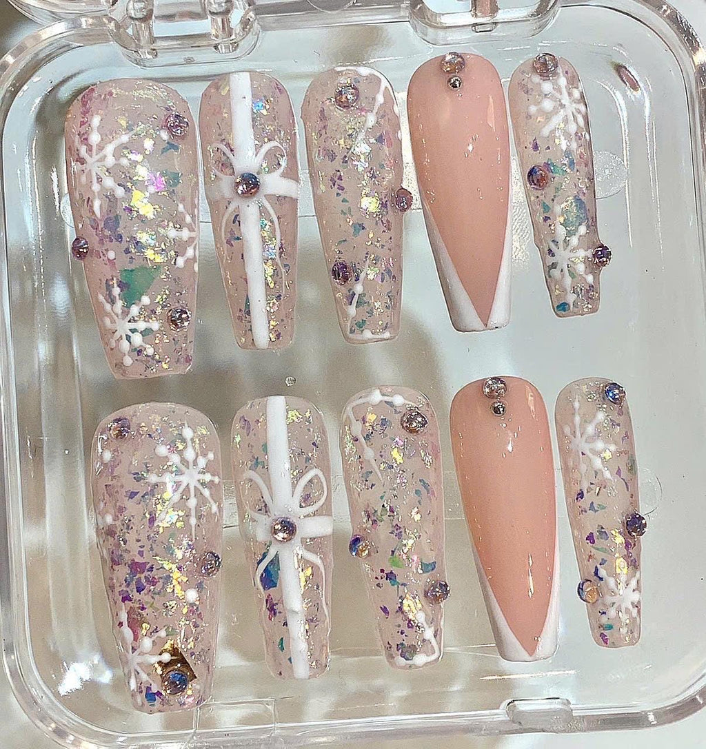 Pink Snowflake Press On Nails | Glitter Xmas Long Coffin False Nails