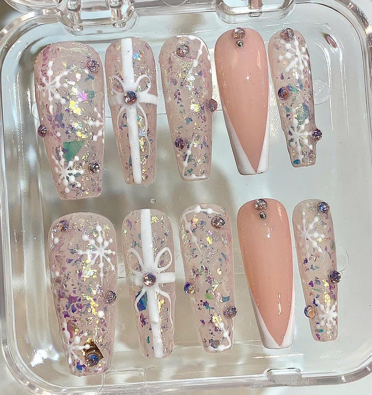 Pink Snowflake Press On Nails | Glitter Xmas Long Coffin False Nails