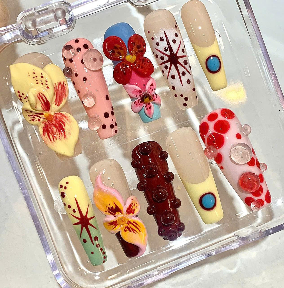 3D Floral Press On Nails: Retro Pop Art, Handmade Funky Nail Art