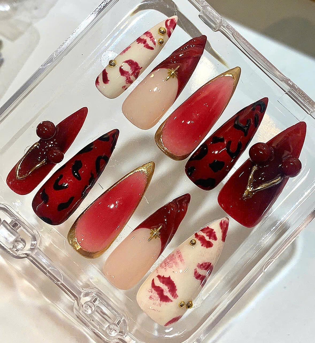 Red Cherry Kiss Press On Nails – Leopard & Lip Print Ombre Nail Set