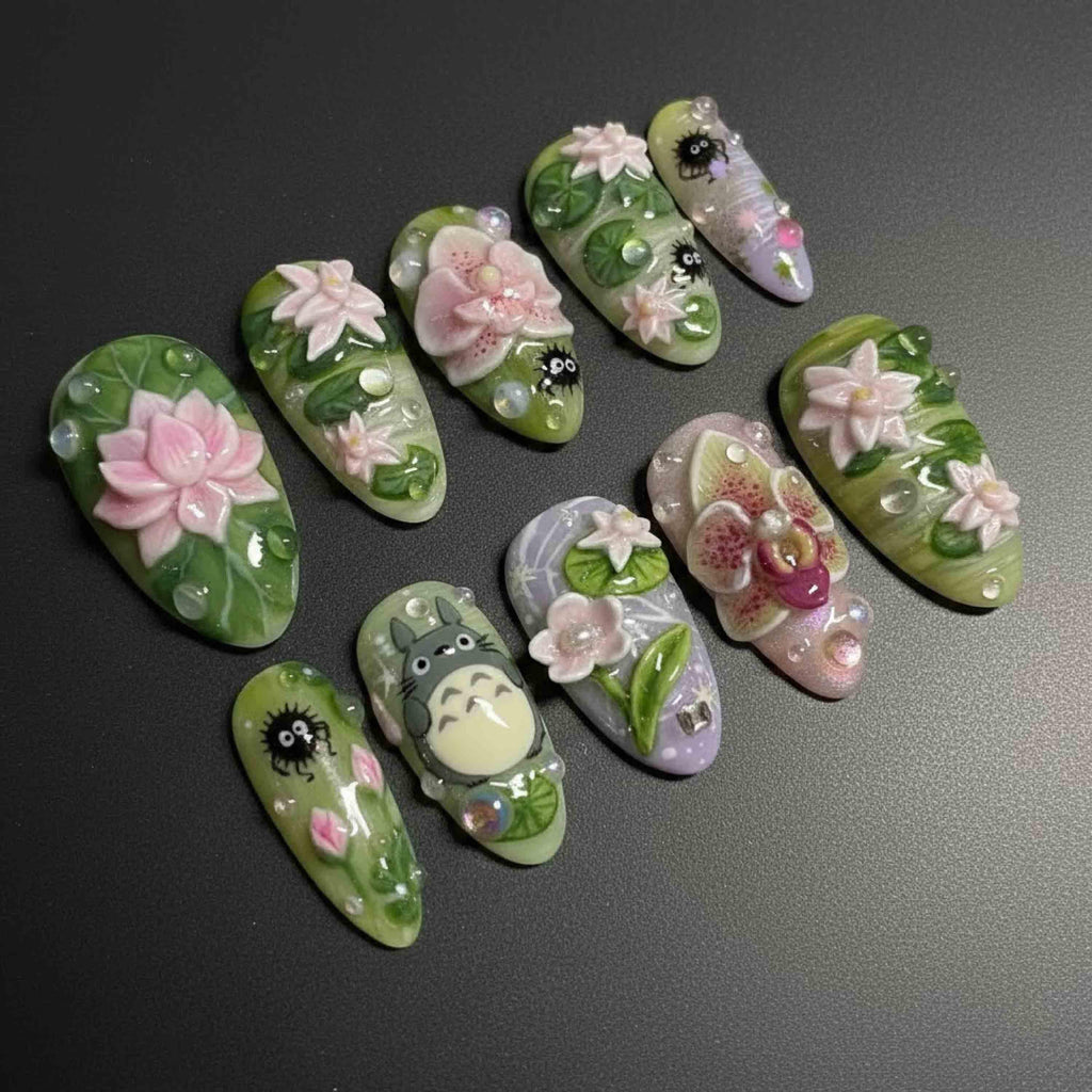 Handmade Lotus Garden Press On Nails | 3D Flowers, Water Drops & Soot Sprites Art | Long Almond Nails For Whimsical Vibes
