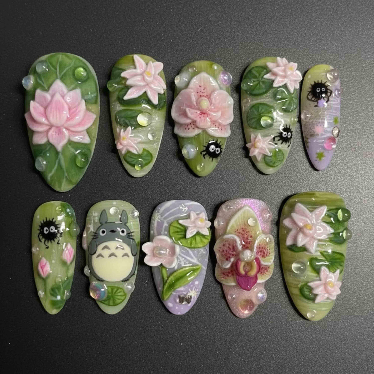 Handmade Lotus Garden Press On Nails | 3D Flowers, Water Drops & Soot Sprites Art | Long Almond Nails For Whimsical Vibes