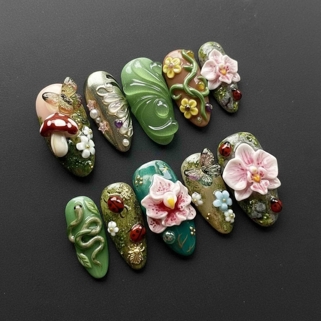 Handmade Enchanted Forest Press On Nails | 3D Orchids, Mushrooms, Snakes & Ladybugs Art | Long Almond Nails For Magical Nature Vibes