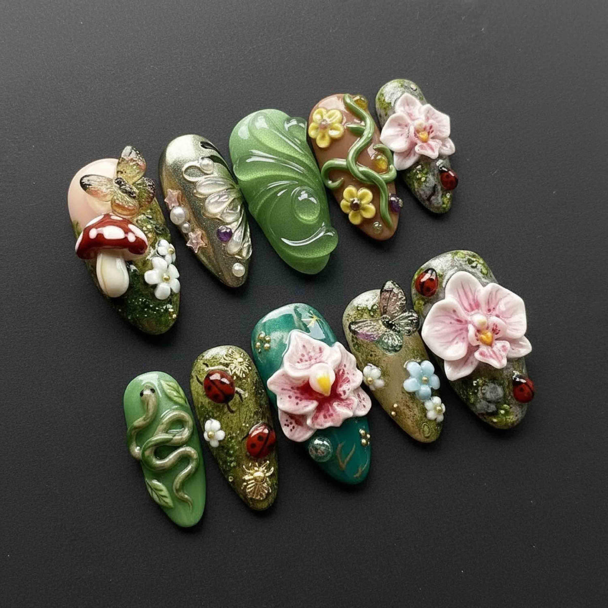 Handmade Enchanted Forest Press On Nails | 3D Orchids, Mushrooms, Snakes & Ladybugs Art | Long Almond Nails For Magical Nature Vibes