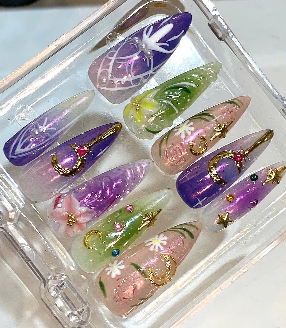 Celestial Floral Press On Nails: Handmade Boho Spring Nail Art