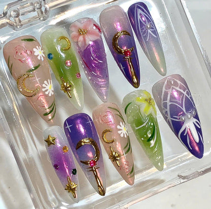 Celestial Floral Press On Nails: Handmade Boho Spring Nail Art