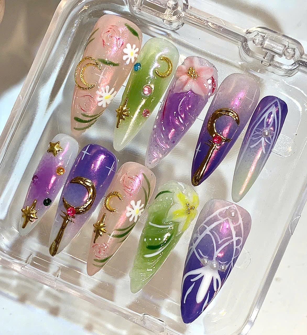Celestial Floral Press On Nails: Handmade Boho Spring Nail Art