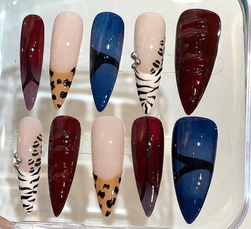 Animal Print Press On Nails | Leopard Zebra Nail Set | Red Blue Nude Fake Nails