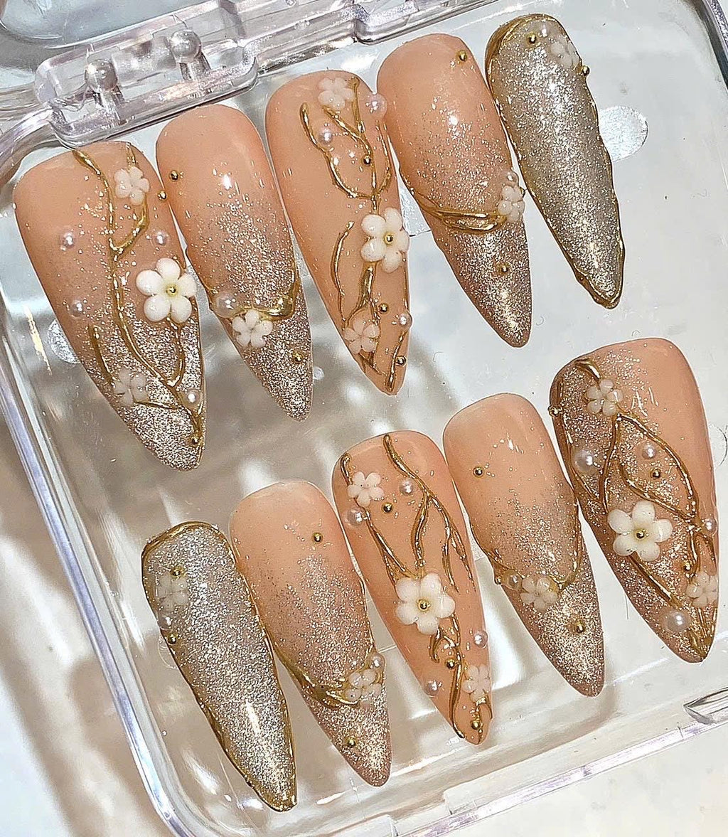 Floral Press On Nails | Nude, Gold Glitter, 3D Flower | Handmade
