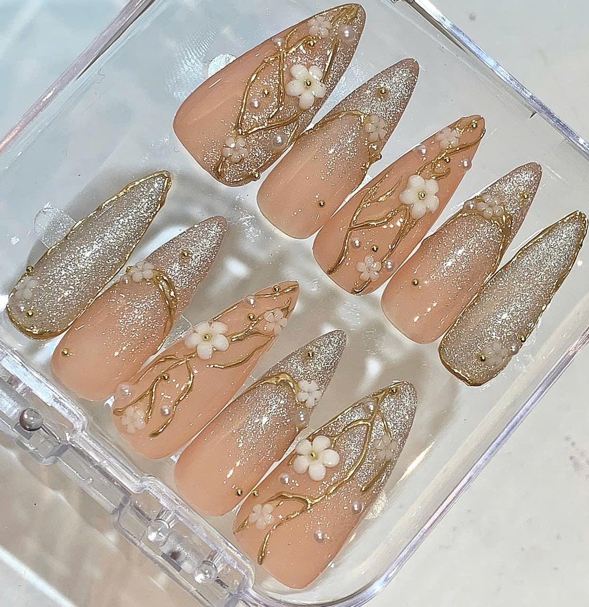 Floral Press On Nails | Nude, Gold Glitter, 3D Flower | Handmade