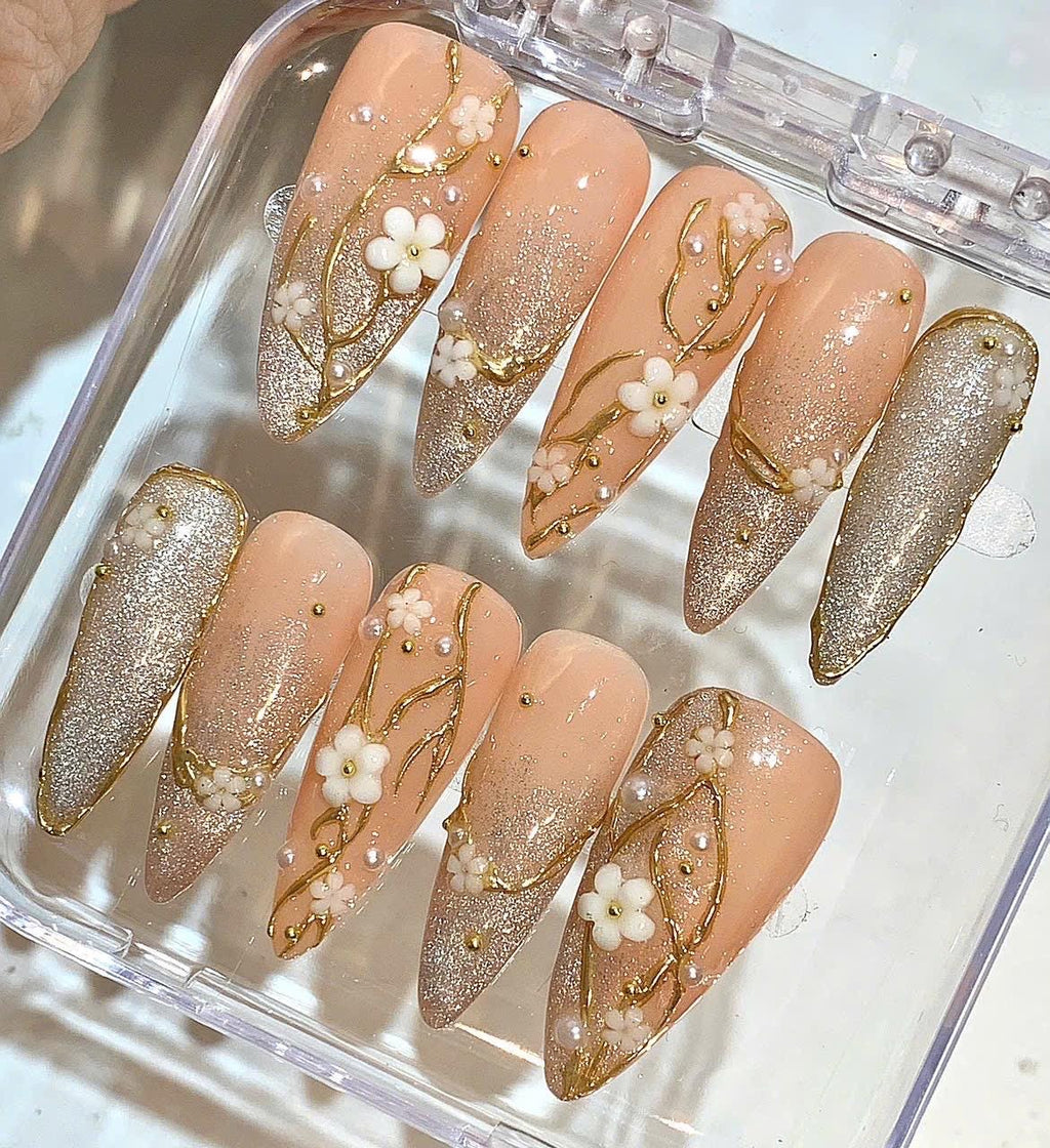 Floral Press On Nails | Nude, Gold Glitter, 3D Flower | Handmade
