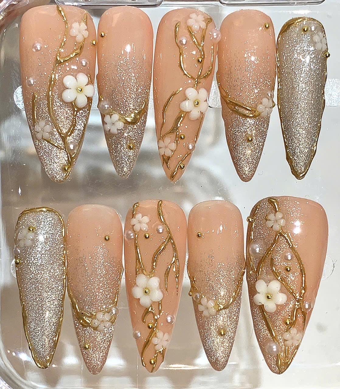Floral Press On Nails | Nude, Gold Glitter, 3D Flower | Handmade