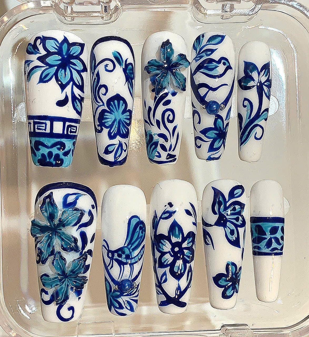 Blue Porcelain Press On Nails – Hand Painted Floral & Bird China Art Nail Set
