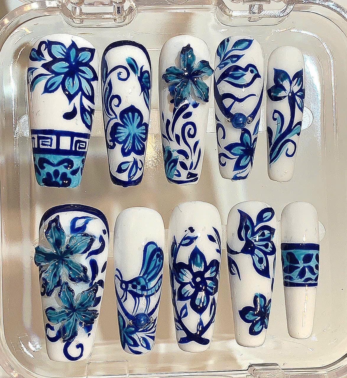 Blue Porcelain Press On Nails – Hand Painted Floral & Bird China Art Nail Set