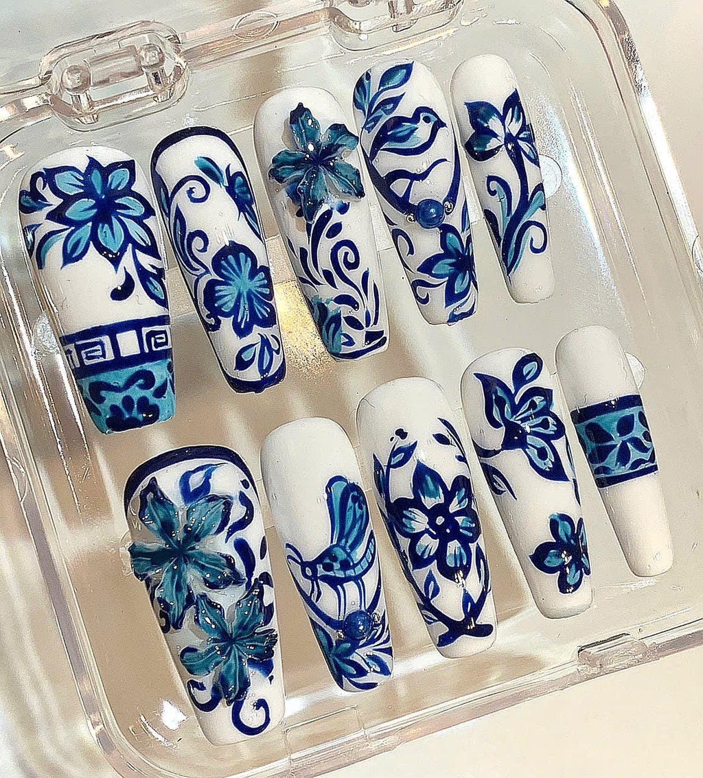 Blue Porcelain Press On Nails – Hand Painted Floral & Bird China Art Nail Set