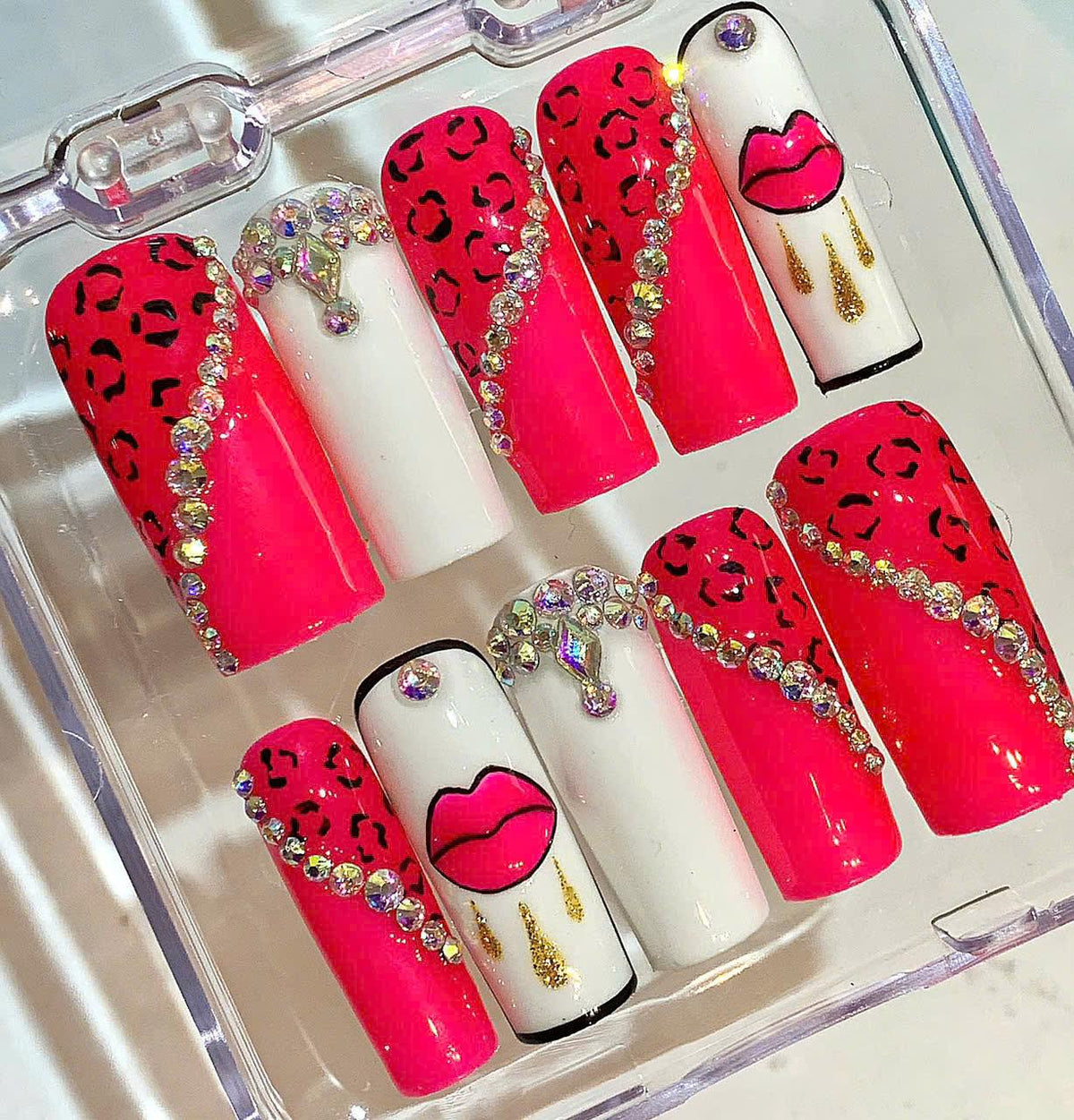 Hot Pink Leopard Press On Nails – Rhinestone Bling, Long Coffin