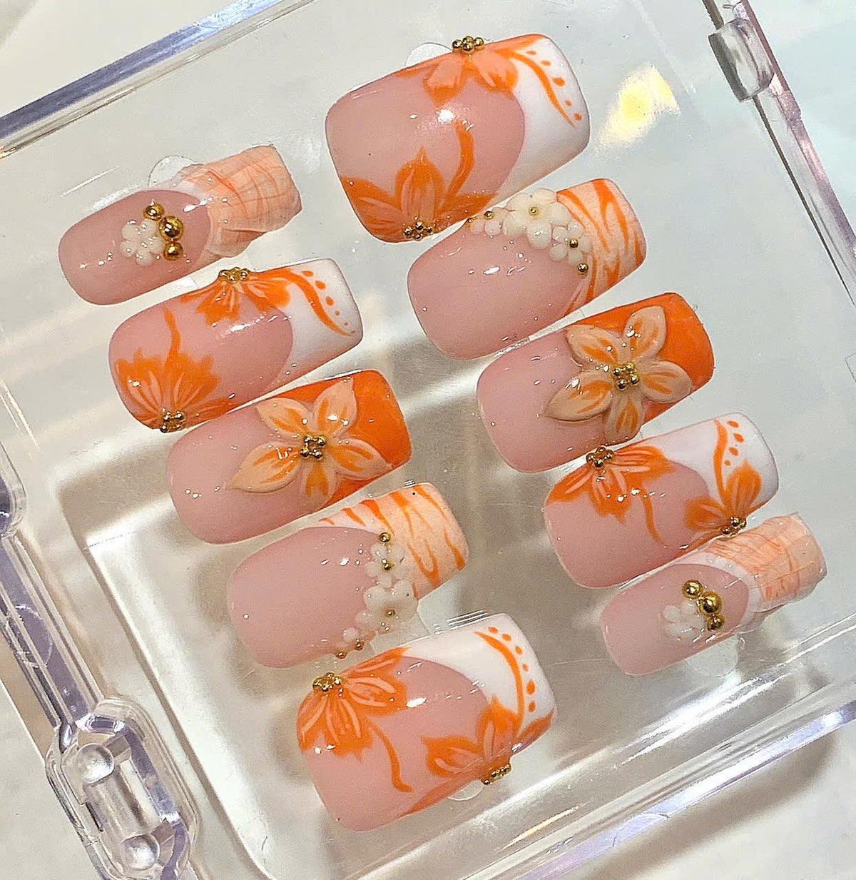 Orange Floral Press On Nails – 3D Flower Textured Nail Set – Handmade Elegant Nails
