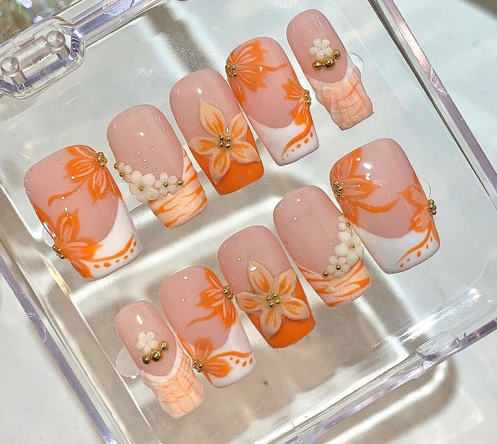 Orange Floral Press On Nails – 3D Flower Textured Nail Set – Handmade Elegant Nails