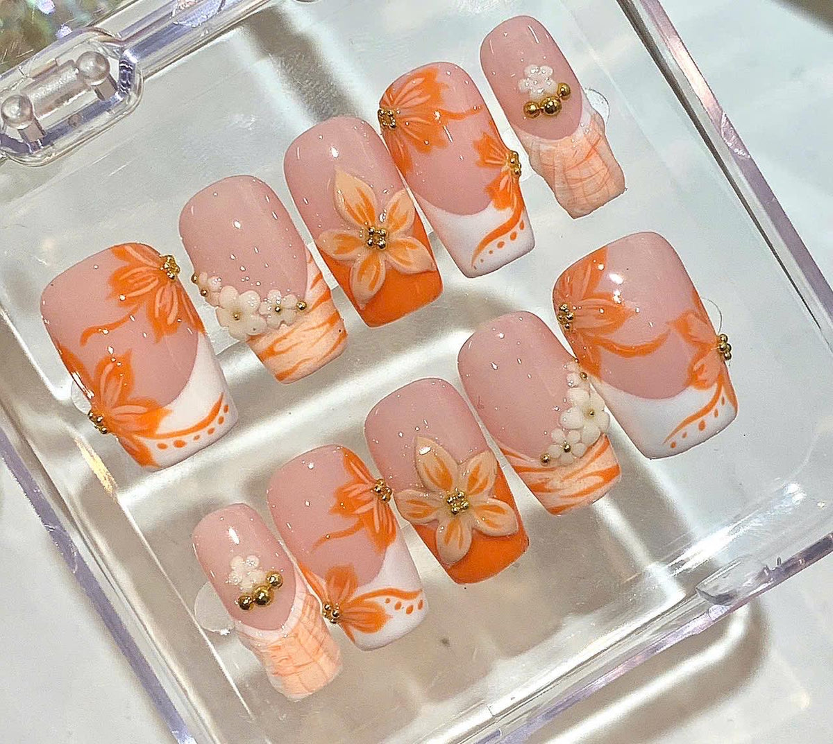 Orange Floral Press On Nails – 3D Flower Textured Nail Set – Handmade Elegant Nails