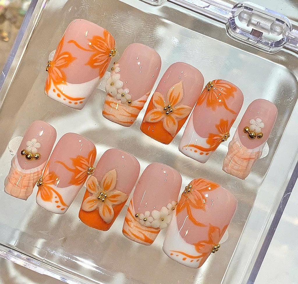 Orange Floral Press On Nails – 3D Flower Textured Nail Set – Handmade Elegant Nails