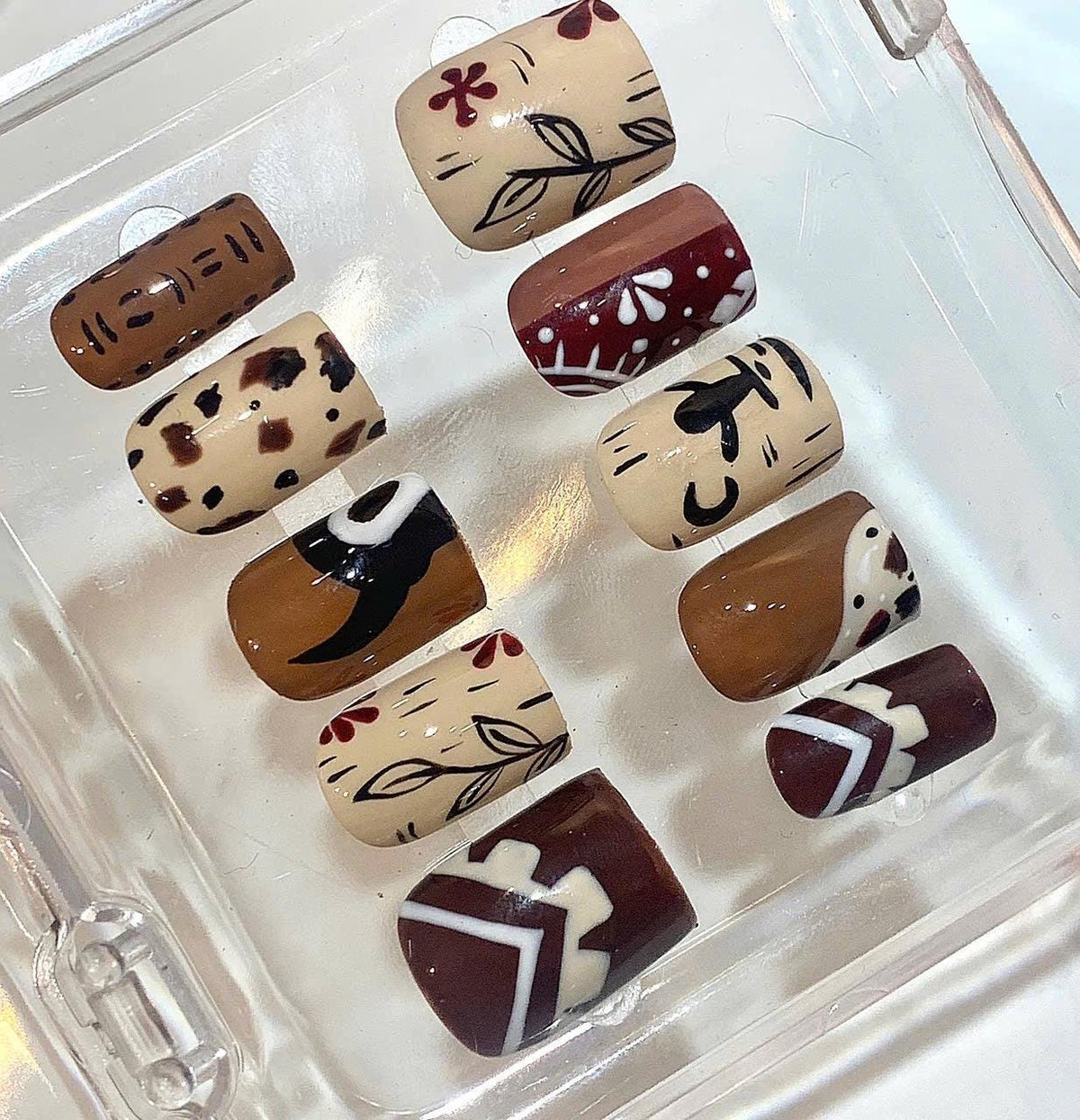 Boho Brown Press On Nails – Tribal Vintage Nail Art – Hand-Painted Neutral Nails Set