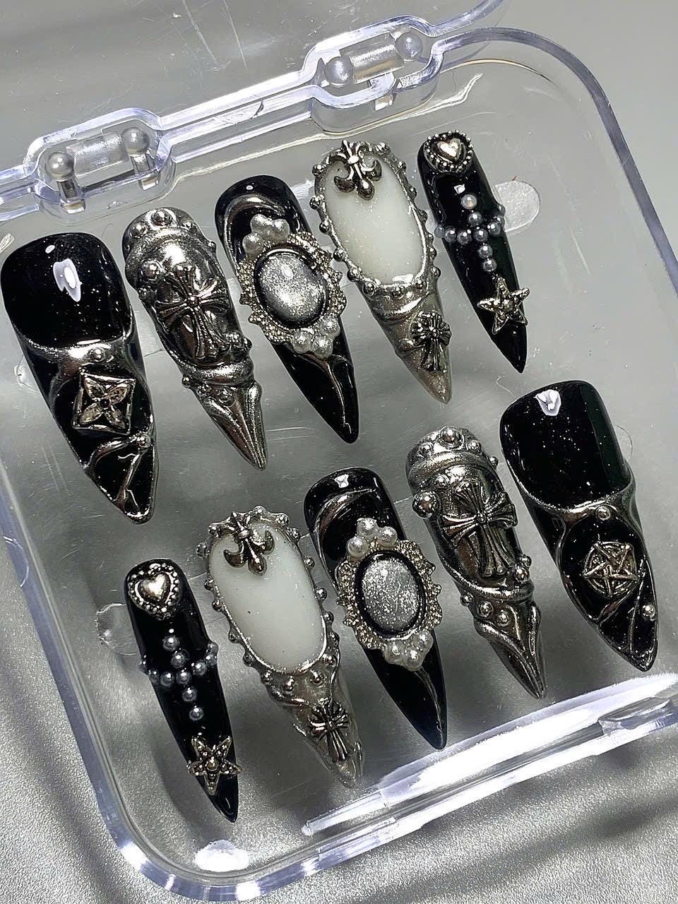 Gothic 3D Cross Press On Nails: Dark Chrome Star Nail Art