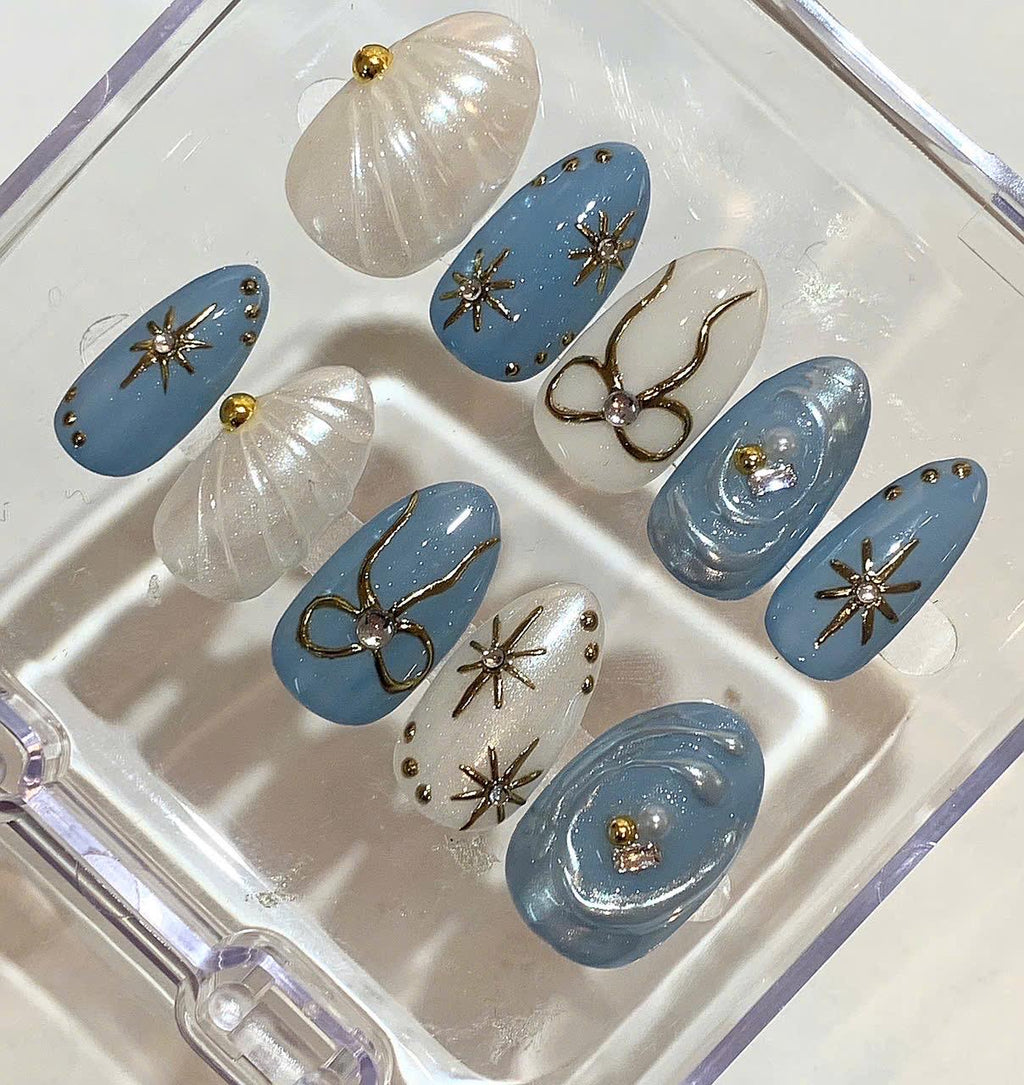Blue Pearl Press On Nails – Shimmer Bow & Star Nail Art