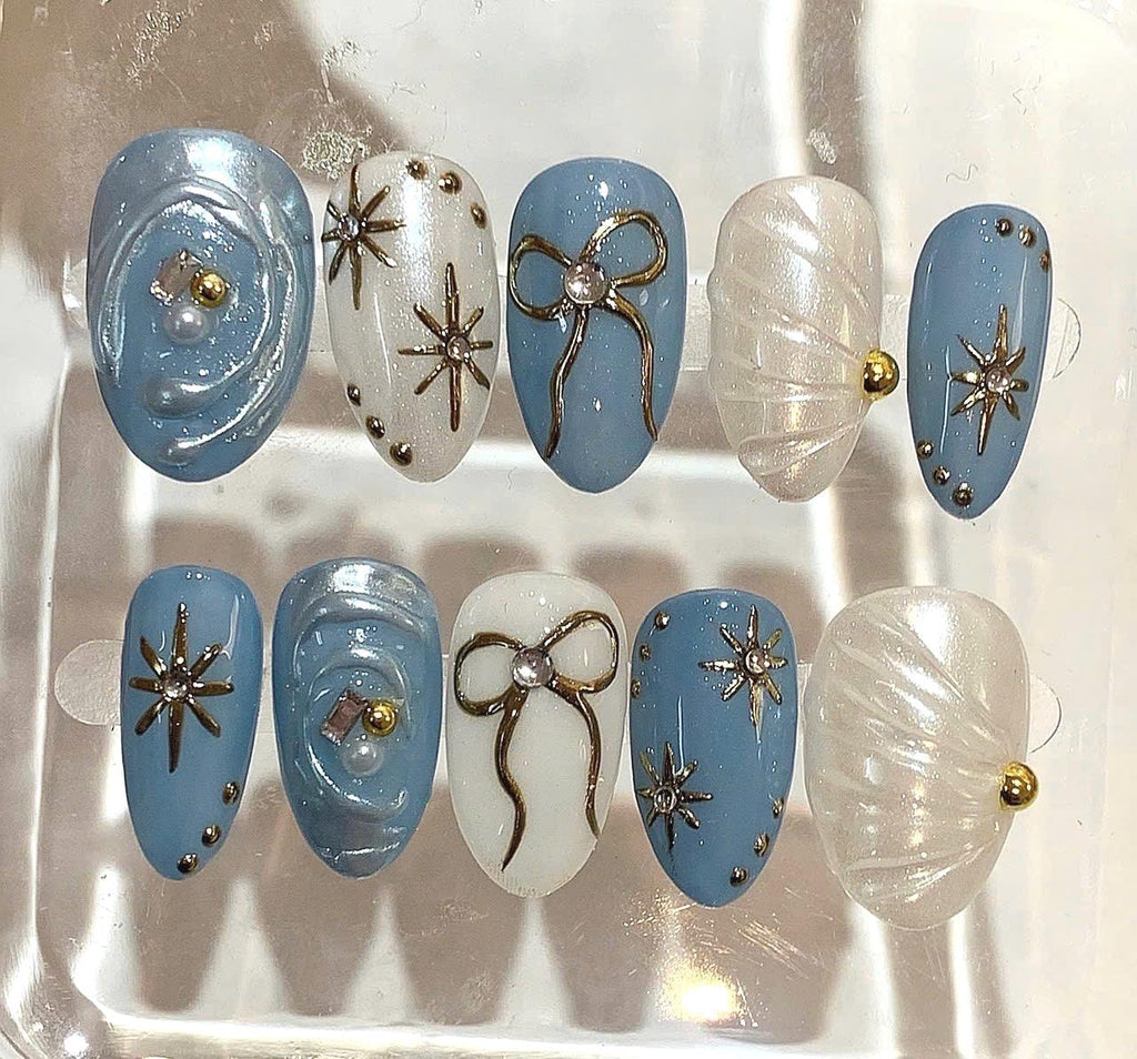 Blue Pearl Press On Nails – Shimmer Bow & Star Nail Art