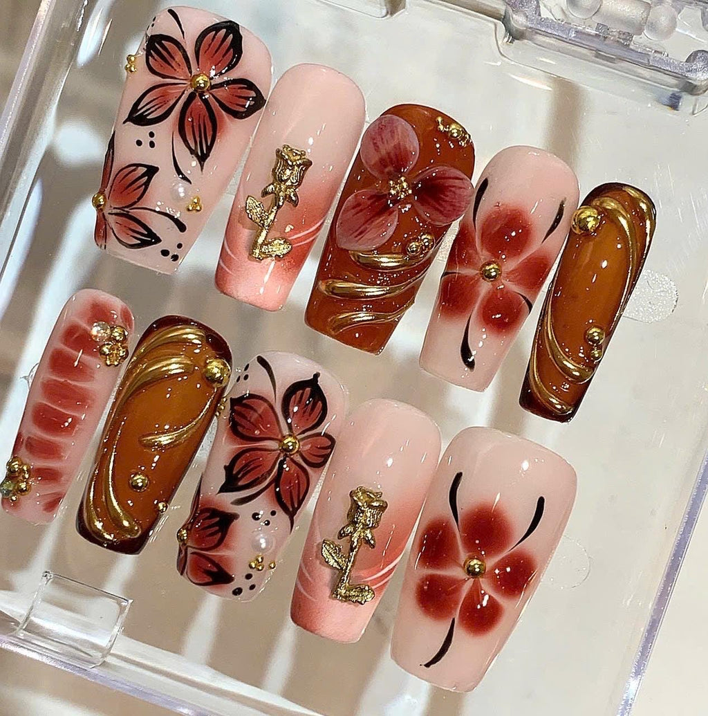 Nude Brown Floral Press On Nails | 3D Flower Nail Set