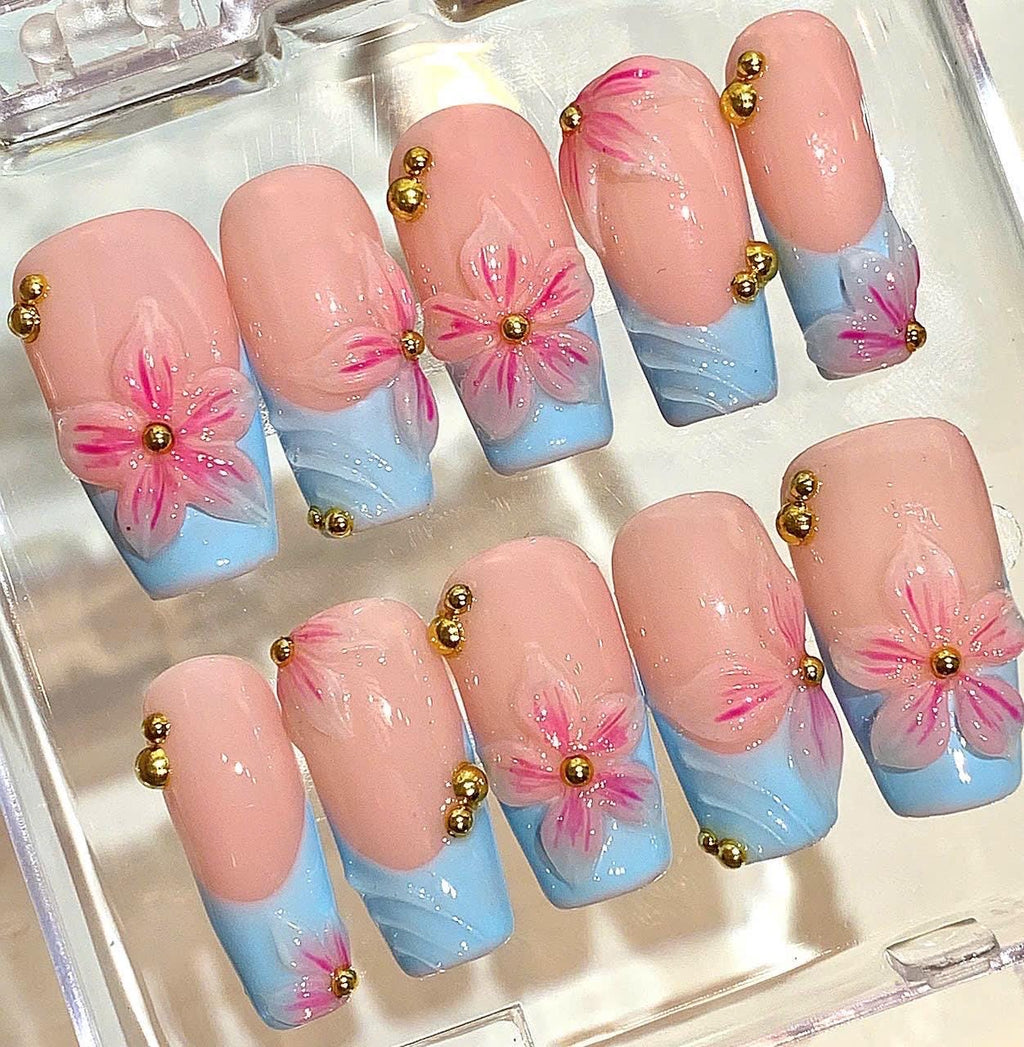 Pink Blue Floral Press On Nails, Handmade Flower Nails with Gold Studs, Nude Pastel Fake Nails, Gift for Her