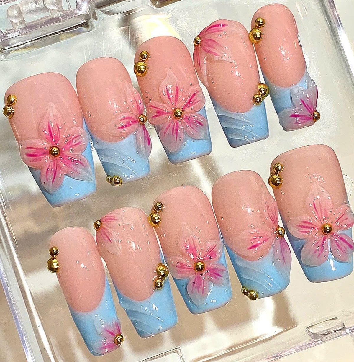 Pink Blue Floral Press On Nails, Handmade Flower Nails with Gold Studs, Nude Pastel Fake Nails, Gift for Her