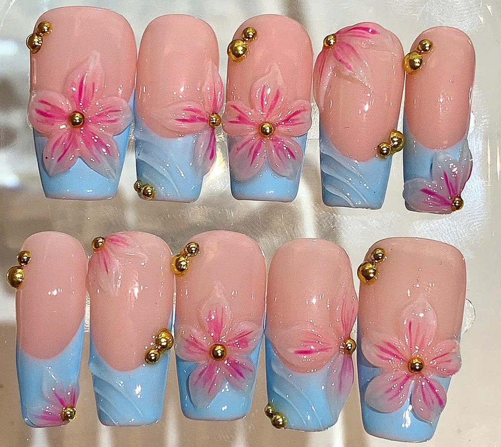 Pink Blue Floral Press On Nails, Handmade Flower Nails with Gold Studs, Nude Pastel Fake Nails, Gift for Her