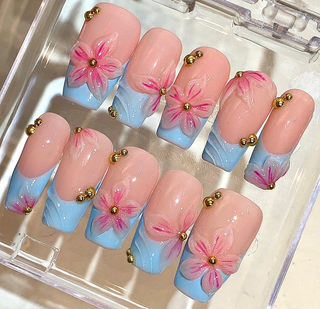 Pink Blue Floral Press On Nails, Handmade Flower Nails with Gold Studs, Nude Pastel Fake Nails, Gift for Her