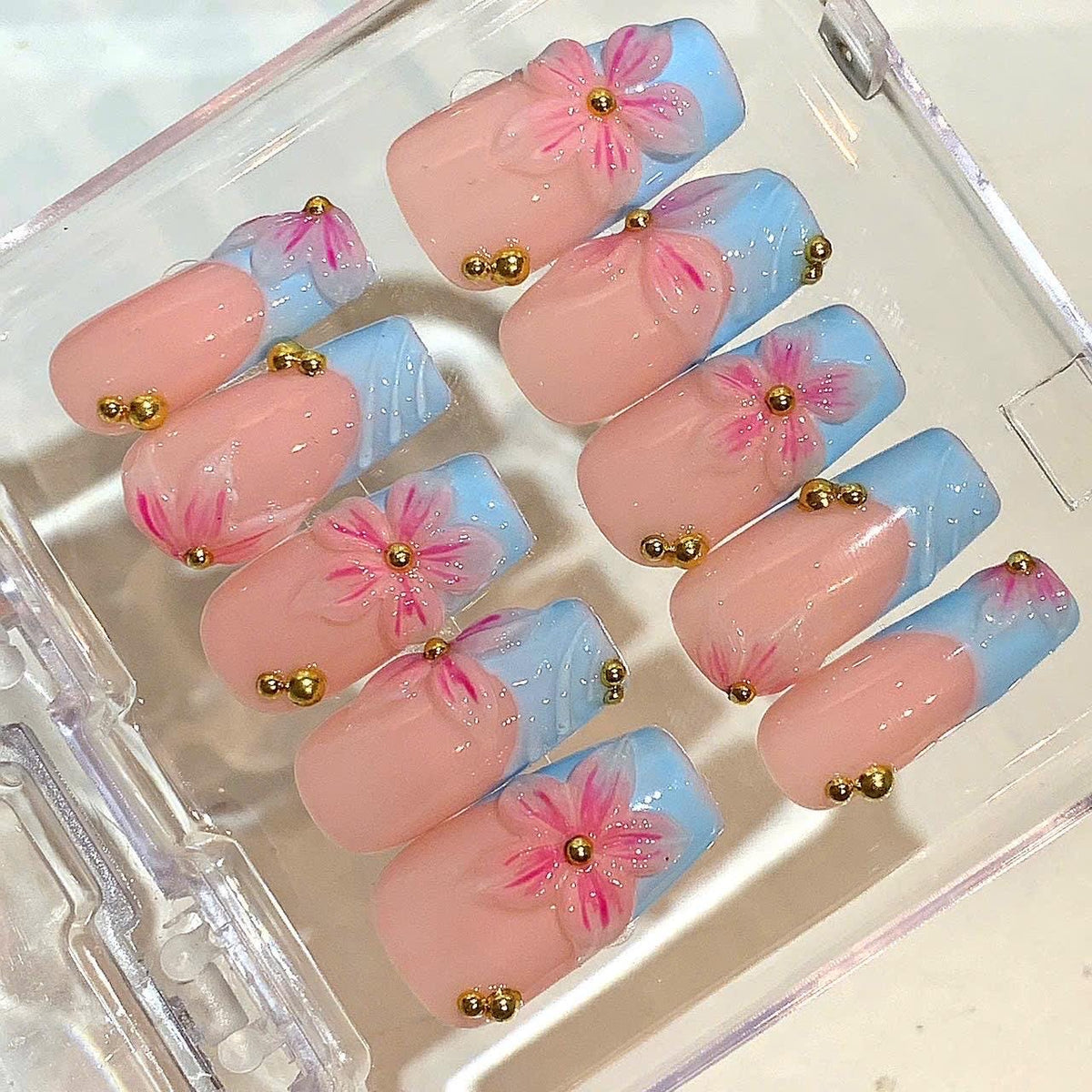 Pink Blue Floral Press On Nails, Handmade Flower Nails with Gold Studs, Nude Pastel Fake Nails, Gift for Her