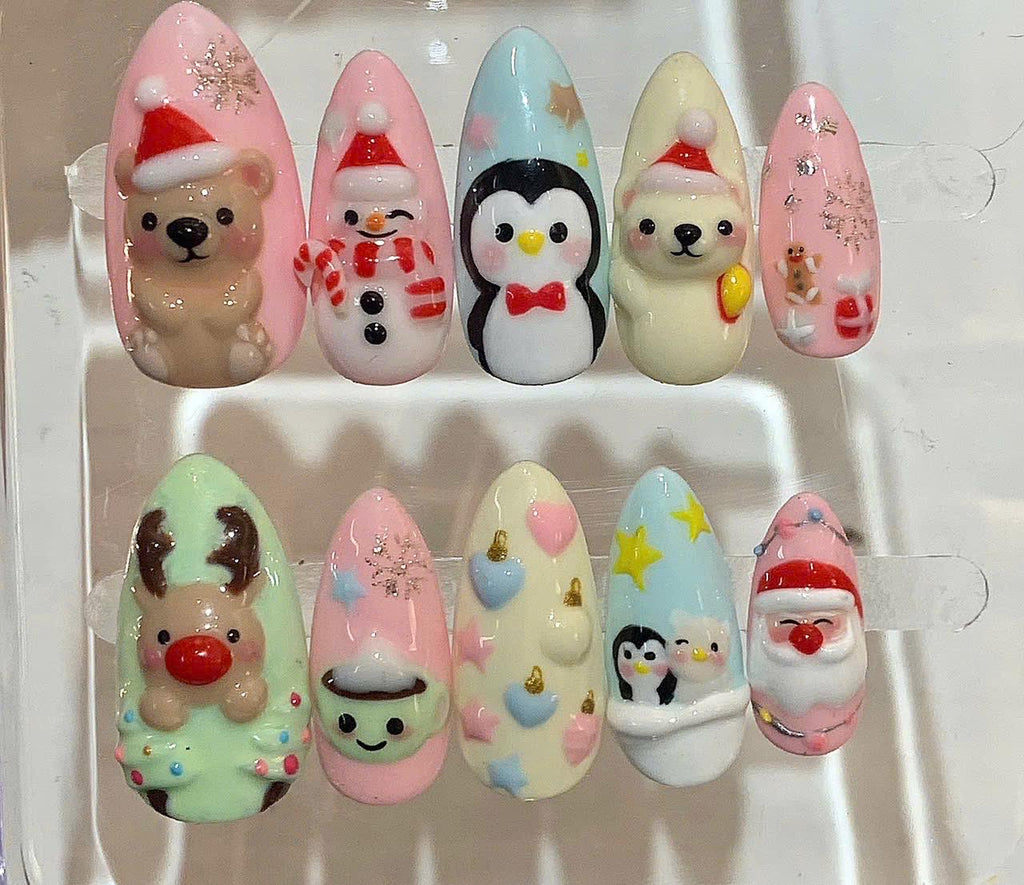 Pastel Christmas Press On Nails – 3D Santa Reindeer Penguin Nail Art