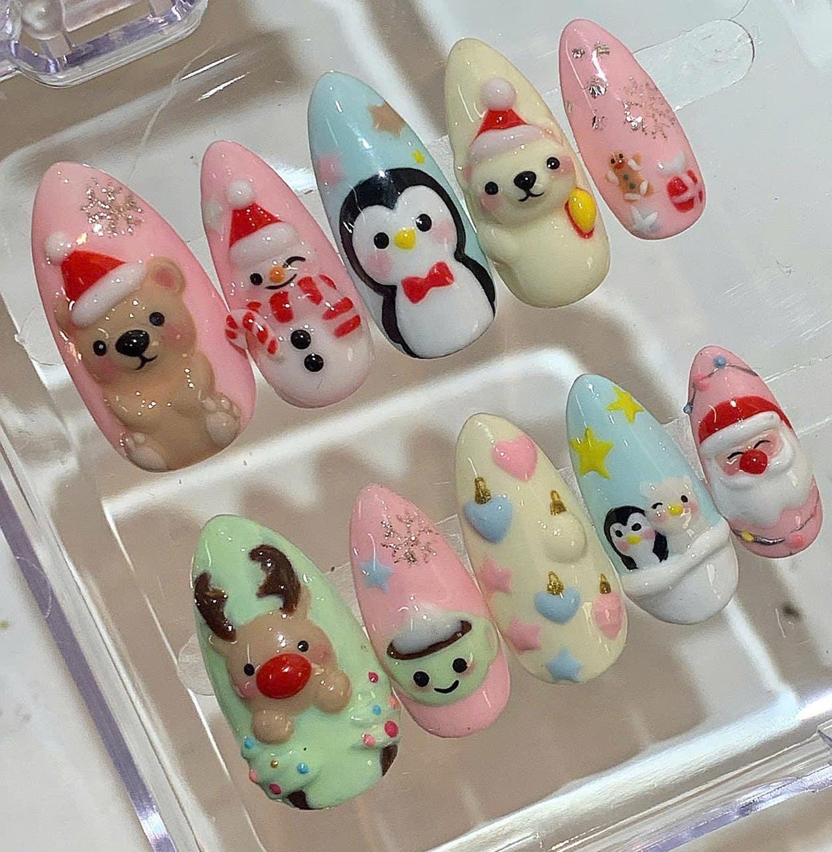 Pastel Christmas Press On Nails – 3D Santa Reindeer Penguin Nail Art