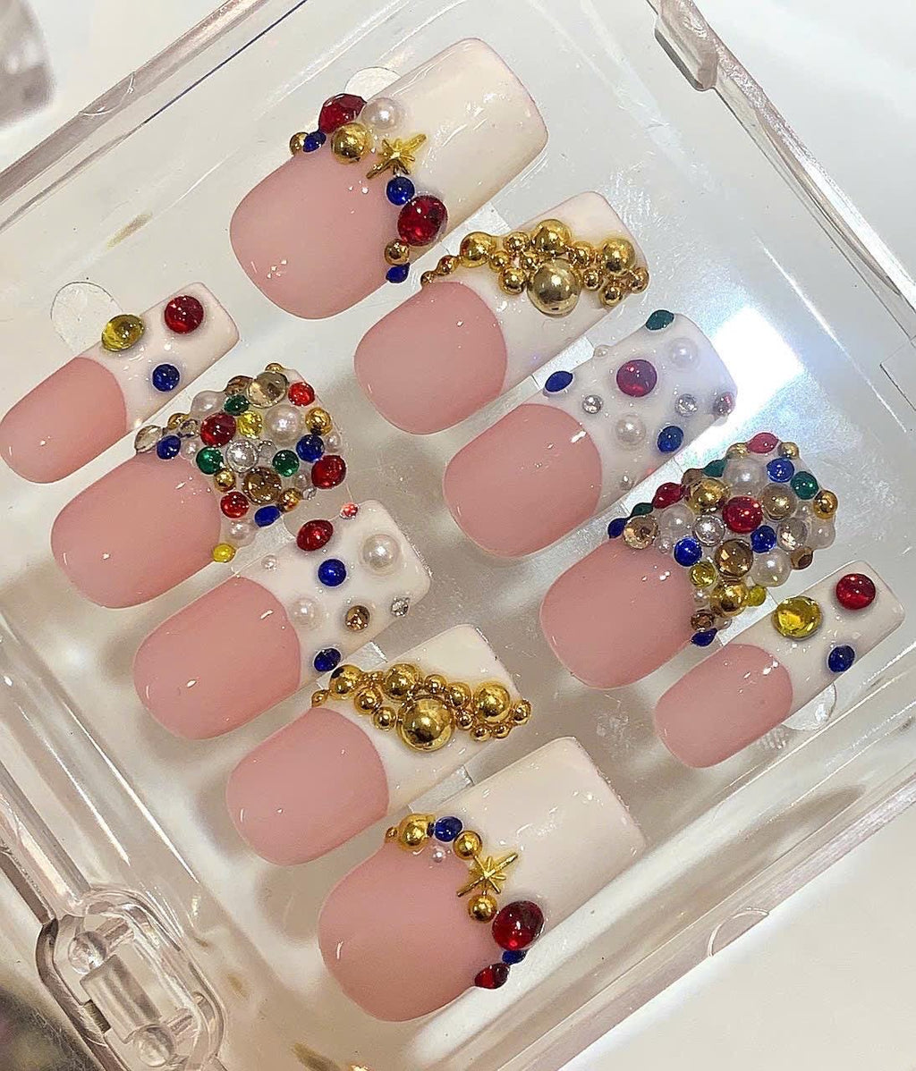 Luxury Gemstone Press On Nails – Colorful Pearl Rhinestone Nails – Festive Elegant Nail Art Set