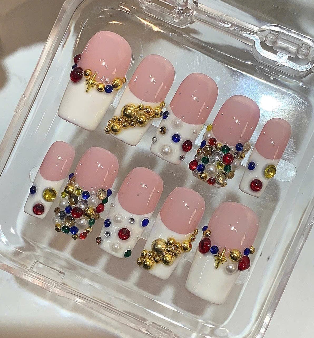 Luxury Gemstone Press On Nails – Colorful Pearl Rhinestone Nails – Festive Elegant Nail Art Set