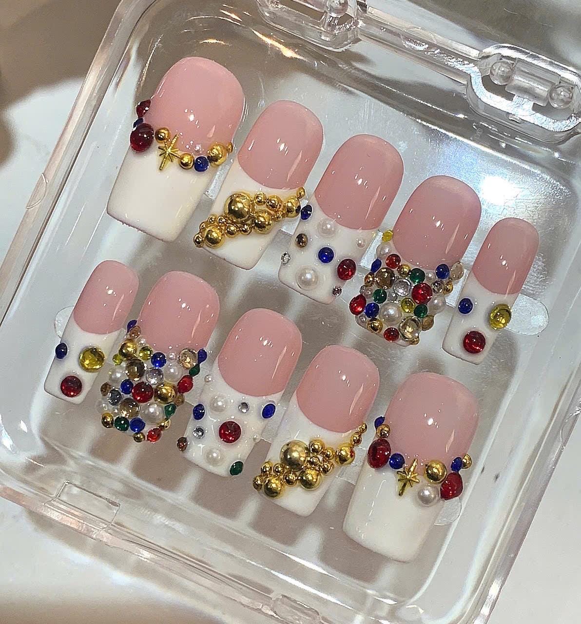 Luxury Gemstone Press On Nails – Colorful Pearl Rhinestone Nails – Festive Elegant Nail Art Set