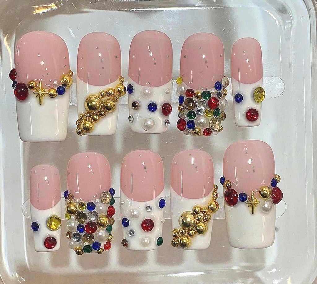 Luxury Gemstone Press On Nails – Colorful Pearl Rhinestone Nails – Festive Elegant Nail Art Set